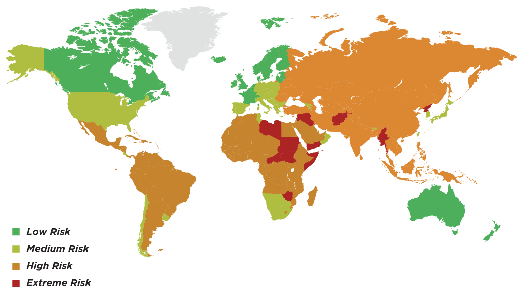 Map of world showing SSR Risk assessment levels